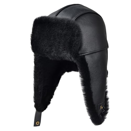 MGGMOKAY Unisex Lammfell Shearling Wintermütze,Aviatormütze,Russische Ushanka Trapper Winterfellmütze,Schwarz,L von MGGMOKAY