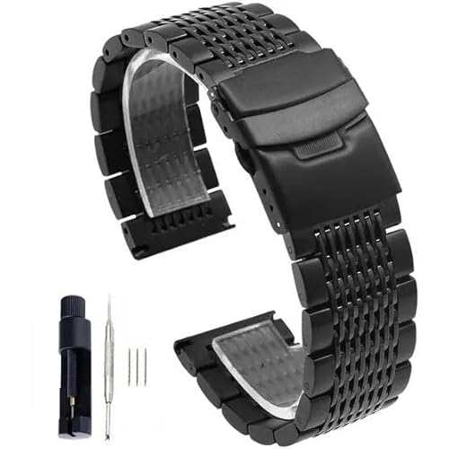 MGHN 18mm 20mm 22mm 24mm Mesh Edelstahl Uhrenarmband Armbänder Armband Schnalle gebürstet/poliert (Color : Schwarz, Size : 18mm) von MGHN