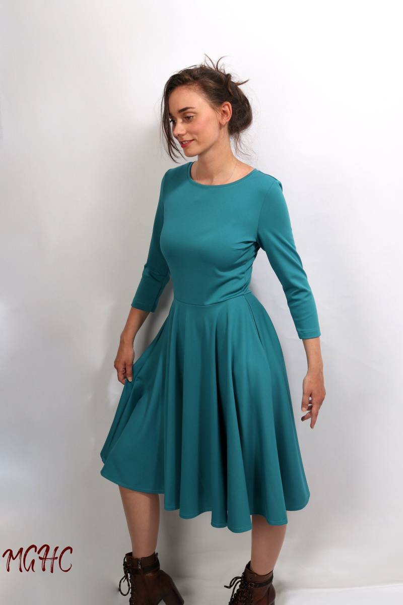 Kleid "Lucy Smaragd" Cocktailkleid Rockabilly Knielang Damen Swing Tanzkleid Tellerrock Winterkleid Petrol Jerseykleid Romanitjersey von MGHomeCouture