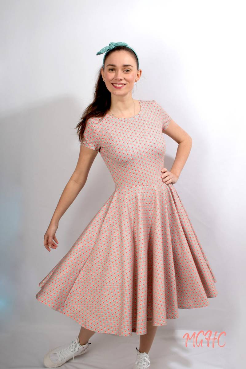 Letztes Stück Gr. 36 Kleid "Lucy" Blumen Tellerrock Rockabilly Knielanges Damen Sommerkleid Kurzarm Jerseykleid Türkis Lachs Geblümt von MGHomeCouture