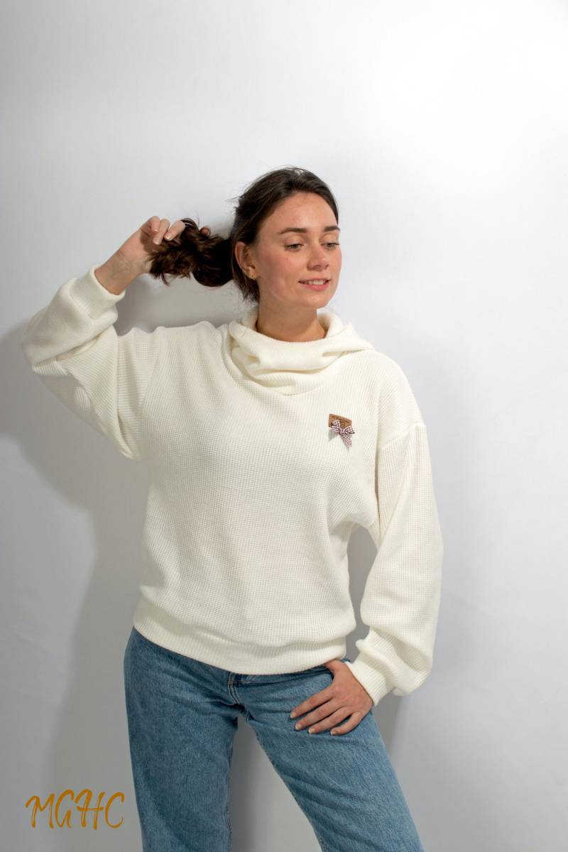 Pulli Jo Strick Oversized Damen Strickpulli Weiter Sweater Überschnittene Ärmel Creme Rippenmuster Mit Kapuze von MGHomeCouture