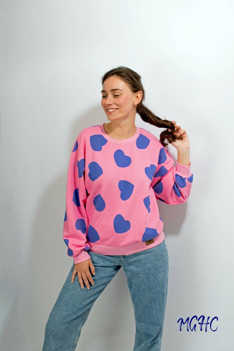 Sale Gr. L/xl Pulli Wing Oversized Herzchen Pink Blau Damen Weiter Sweater Mit Motiv Überschnittene Ärmel Rosa Kuschelpulli von MGHomeCouture