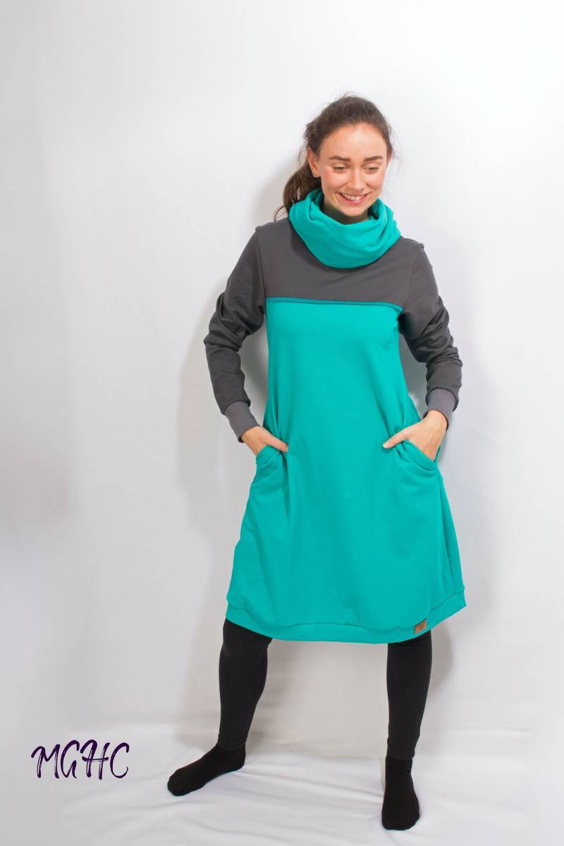 Sale Sweatkleid "Ena" Uni Türkis Anthrazit A-Linie Damen Kapuzenkleid Jerseykleid Knielanges Kleid Hoodiekleid Weites von MGHomeCouture