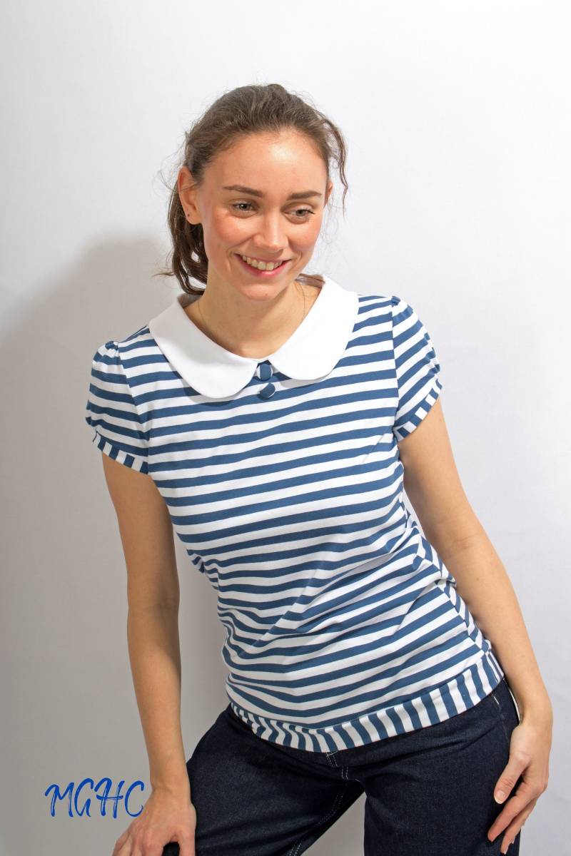 Shirt Honey "Streifen" Maritim Poloshirt Bubikragen Damen Streifenmuster Blau Weiss Gestreift Bezogenen Knöpfe von MGHomeCouture