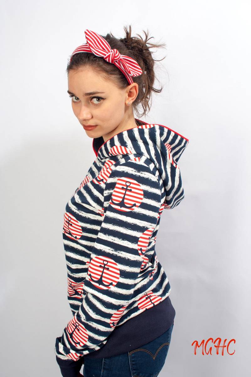 Sofort Lieferbar Gr. 36 Hoodie Marine Anker Streifen Pulli Sweater Marine Weiss Rot Damen Sommerhoodie Maritim von MGHomeCouture
