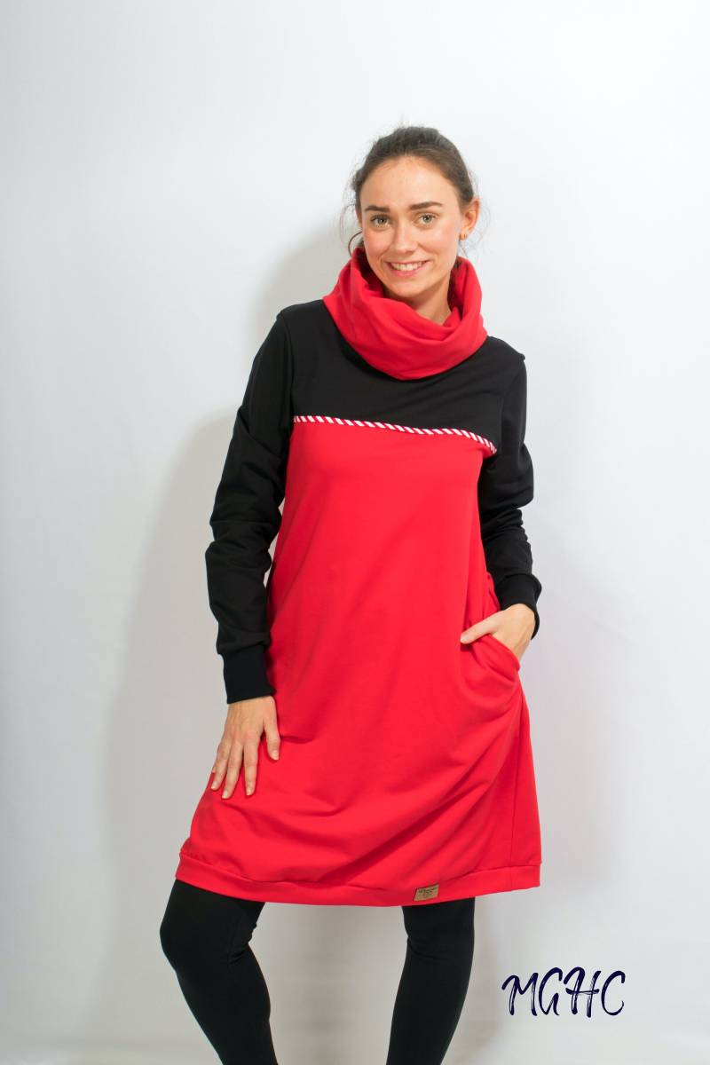 Sweatkleid "Ena" Uni Schwarz Rot A-Linie Damen Kapuzenkleid Jerseykleid Knielanges Kleid Hoodiekleid Weites von MGHomeCouture