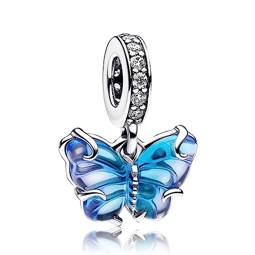 Blue Murano Glass Butterfly Dangle Charm für Frauen Armbänder Halsketten mit 5A Cubic Zirconia 925 Sterling Silber Anhänger Perlen Schmuck Geschenk für Mädchen Jungen von MGIUL