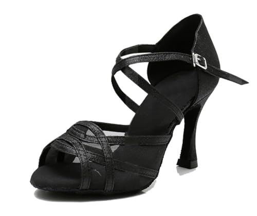 MGM-Joymod Damen Comfort Mesh Glitzer Peep Toe Salsa Tango Ballsaal Latein Modern Tanzschuhe Hochzeit Party Sandalen, Schwarzer Glitzer, 9cm Absatz,40.5 EU von MGM-Joymod