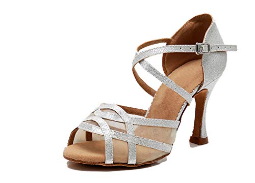 MGM-Joymod Damen Komfort Mesh Glitzer Peep Toe Salsa Tango Ballroom Latein Modern Tanzschuhe Hochzeit Party Sandalen, Silber Glitzer 9 cm Absatz, 38.5 EU von MGM-Joymod