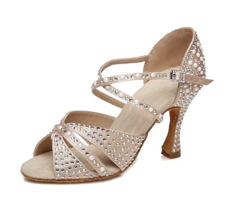 MGM-Joymod Damen Glitzer Strass Mit Perlen Peep Toe Salsa Tango Latein Ballsaal Tanzen Hochzeit Party Tanzschuhe,L428 Beige 9cm : EU 36 von MGM-Joymod