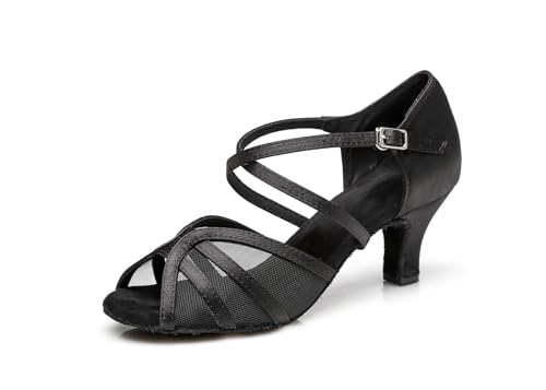 MGM-Joymod Damen Comfort Mesh Glitzer Peep Toe Salsa Tango Ballsaal Latein Modern Tanzschuhe Hochzeit Party Sandalen, L359 Schwarz Satin,35.5 EU von MGM-Joymod