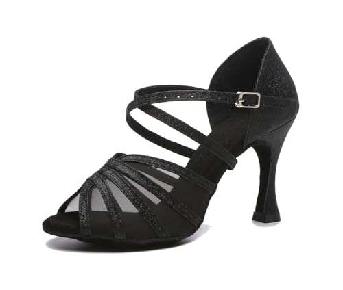 MGM-Joymod Damen Comfort Mesh Glitzer Peep Toe Salsa Tango Ballsaal Latein Modern Tanzschuhe Hochzeit Party Sandalen, L511 Black Glitter,40.5 EU von MGM-Joymod
