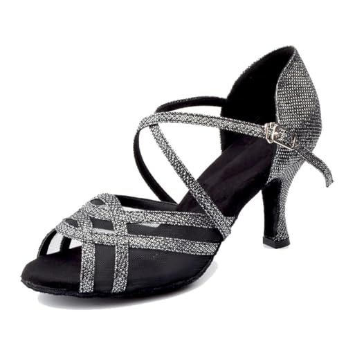MGM-Joymod Damen Comfort Mesh Glitzer Peep Toe Salsa Tango Ballsaal Latein Modern Tanzschuhe Hochzeit Party Sandalen, M1303 Black,35.5 EU von MGM-Joymod