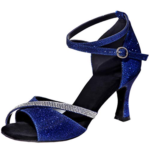 MGM-Joymod Damen Glitzer Kristalle Ketten Salsa Samba Rumba Ballsaal Latein Modern Tanzschuhe Hochzeit Party Sandalen,Blau Glitzer /7.5cm Absatz - Größe:EU 42.5 von MGM-Joymod