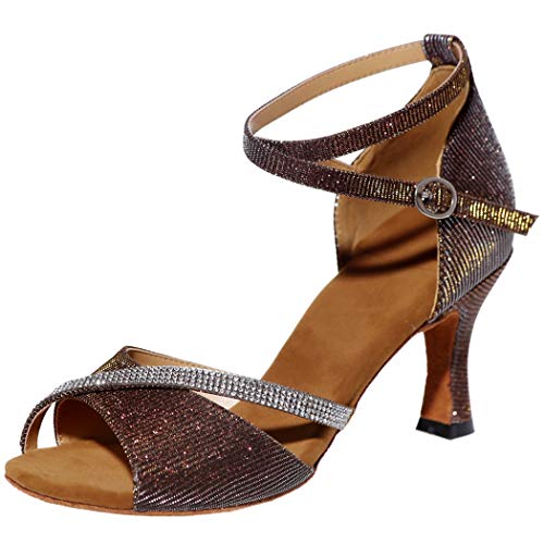 MGM-Joymod Damen Glitzer Kristalle Ketten Salsa Samba Rumba Ballsaal Latein Modern Tanzschuhe Hochzeit Party Sandalen,Braun Glitzer /7.5cm Absatz - Größe:EU 42.5 von MGM-Joymod