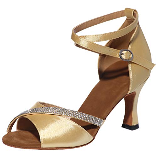 MGM-Joymod Damen Glitzer Kristalle Ketten Salsa Samba Rumba Ballsaal Latein Modern Tanzschuhe Hochzeit Party Sandalen,Champagne Satin/7.5cm Absatz - Größe:EU 34 von MGM-Joymod
