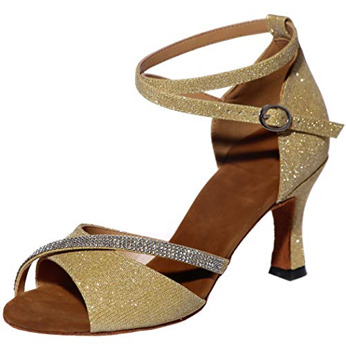 MGM-Joymod Damen Glitzer Kristalle Ketten Salsa Samba Rumba Ballsaal Latein Modern Tanzschuhe Hochzeit Party Sandalen,Gold Glitzer /7.5cm Absatz - Größe:EU 42.5 von MGM-Joymod