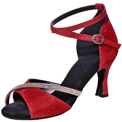 MGM-Joymod Damen Glitzer Kristalle Ketten Salsa Samba Rumba Ballsaal Latein Modern Tanzschuhe Hochzeit Party Sandalen,Rot Glitzer /7.5cm Absatz - Größe:EU 39.5 von MGM-Joymod