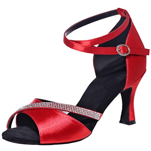 MGM-Joymod Damen Glitzer Kristalle Ketten Salsa Samba Rumba Ballsaal Latein Modern Tanzschuhe Hochzeit Party Sandalen,Rot Satin/7.5cm Absatz - Größe:EU 42.5 von MGM-Joymod