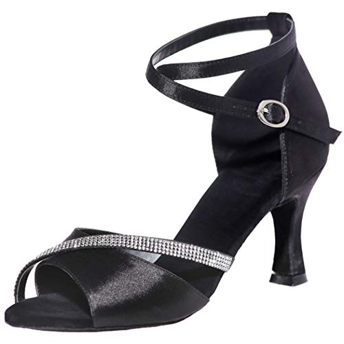 MGM-Joymod Damen Glitzer Kristalle Ketten Salsa Samba Rumba Ballsaal Latein Modern Tanzschuhe Hochzeit Party Sandalen,Schwarz Satin/7.5cm Absatz - Größe:EU 39.5 von MGM-Joymod