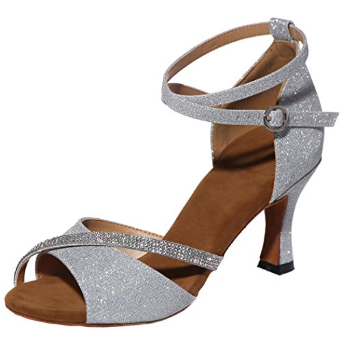 MGM-Joymod Damen Glitzer Kristalle Ketten Salsa Samba Rumba Ballsaal Latein Modern Tanzschuhe Hochzeit Party Sandalen,Silber Glitzer /7.5cm Absatz - Größe:EU 42.5 von MGM-Joymod