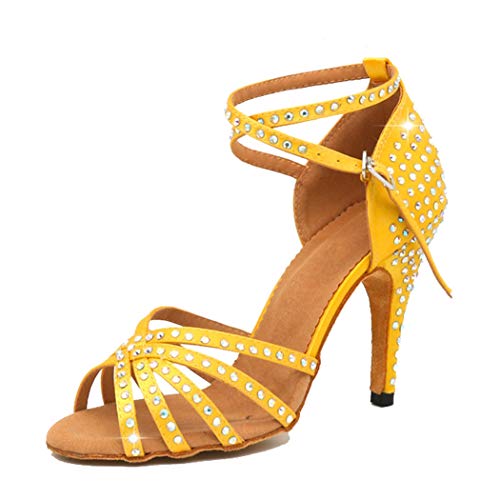 MGM-Joymod Damen Klassische Strass Jazz Rumba Samba Salsa Tango Ballsaal Latin Modern Dance Schuhe Hochzeit Party Sandalen, Gelb - Gelb 10 cm Absatz - Größe: 40 EU von MGM-Joymod