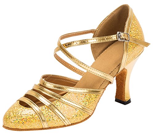 MGM-Joymod Damen Knöchelriemen Geschlossene Zehen Glitzer Synthetik Abendschuhe Hochzeit Tango Ballsaal Modern Lateinamerikanische Tanzschuhe, Gold - Flash Gold 8 cm Absatz - Größe:40.5 EU von MGM-Joymod