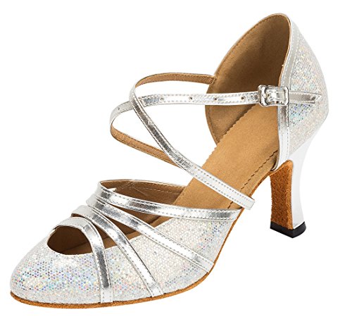 MGM-Joymod Damen Knöchelriemen Geschlossene Zehen Glitzer Synthetik Abendschuhe Hochzeit Tango Ballsaal Modern Lateinamerikanische Tanzschuhe, Silber - Flash Silver 8 cm Absatz - Größe: 38 EU von MGM-Joymod