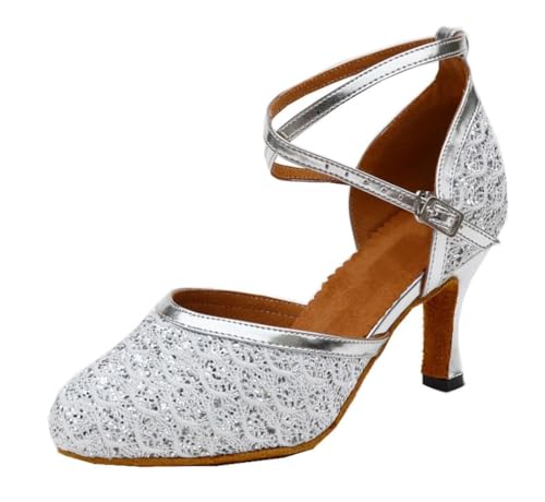 MGM-Joymod Damen Glitzer Synthetik Geschlossene Zehen Tango Ballsaal Latein Modern Tanzschuhe Abend Hochzeit Sandalen,SM1816 Silber 7.5cm : EU 39 von MGM-Joymod