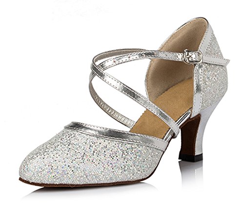 MGM-Joymod Damen Komfort Geschlossene Zehen Glitzer Synthetik Kreuzriemen Salsa Social Ballsaal Latein Modern Tanzschuhe Hochzeit Party Pumps, Silber - Style2 Silberner 6 cm Absatz - Größe: 41 EU von MGM-Joymod
