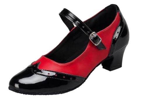 MGM-Joymod Damen Mary Janes Schnalle Geschlossene Zehen PU Leder Salsa Tango Ballsaal Latein Modern Tanzschuhe Abend Hochzeit Sandalen,SM212 Schwarz Rot 5cm : EU 38.5 von MGM-Joymod