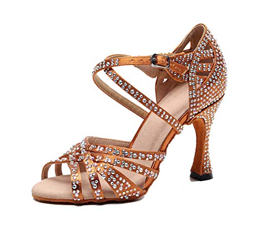 MGM-Joymod Damen Peep Toe Cross Strap Strass Social Tango Ballroom Latein Modern Dance Schuhe Hochzeit Party Sandalen, Braun a 9cm- Größe:40 EU von MGM-Joymod