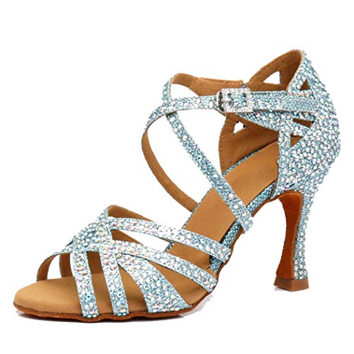 MGM-Joymod Damen Peep Toe Kreuz Riemen Strass Social Tango Ballsaal Latein Modern Tanzschuhe Hochzeit Party Sandalen, Glitzer-Blau, 9 cm Absatz,38.5 EU von MGM-Joymod