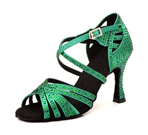MGM-Joymod Damen Peep Toe Kreuz Riemen Strass Social Tango Ballsaal Latein Modern Tanzschuhe Hochzeit Party Sandalen, Grüner Absatz: 9 cm,38.5 EU von MGM-Joymod