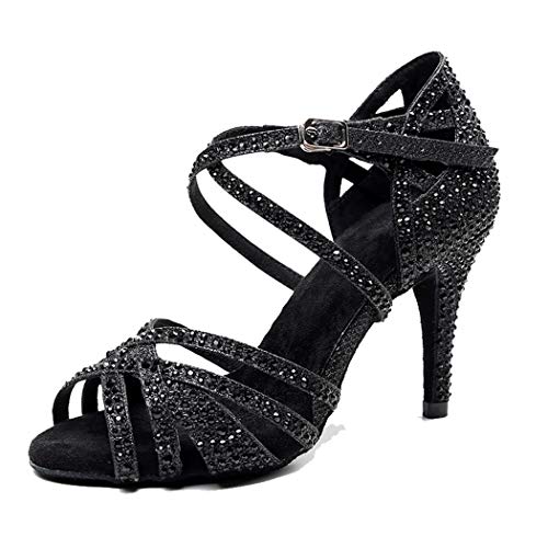 MGM-Joymod Damen Peep Toe Kreuz Riemen Strass Social Tango Ballsaal Latein Modern Tanzschuhe Hochzeit Party Sandalen, Dunkelschwarz, Absatz 8,5 cm,38 EU von MGM-Joymod