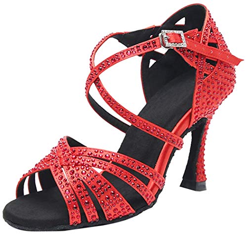 MGM-Joymod Damen Peep Toe Kreuz Riemen Strass Social Tango Ballsaal Latein Modern Tanzschuhe Hochzeit Party Sandalen, Dunkelroter Absatz 9cm,38.5 EU von MGM-Joymod