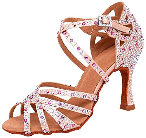 MGM-Joymod Damen Peep Toe Kreuz Riemen Strass Social Tango Ballsaal Latein Modern Tanzschuhe Hochzeit Party Sandalen, Rosa, 9cm Absatz,38.5 EU von MGM-Joymod