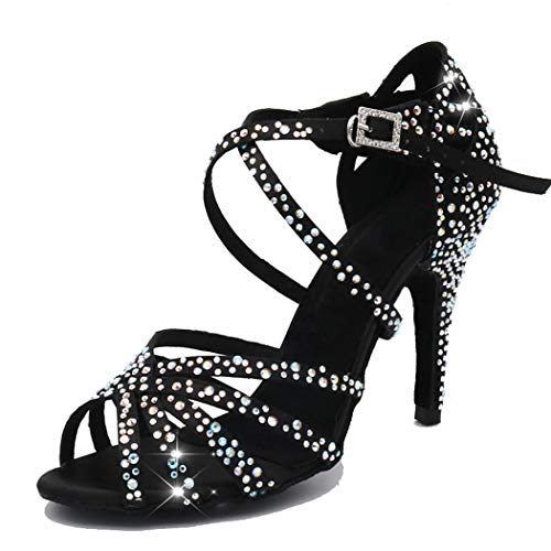 MGM-Joymod Damen Peep Toe Kreuz Riemen Strass Social Tango Ballsaal Latein Modern Tanzschuhe Hochzeit Party Sandalen, Schwarzer Absatz: 10 cm,37 EU von MGM-Joymod