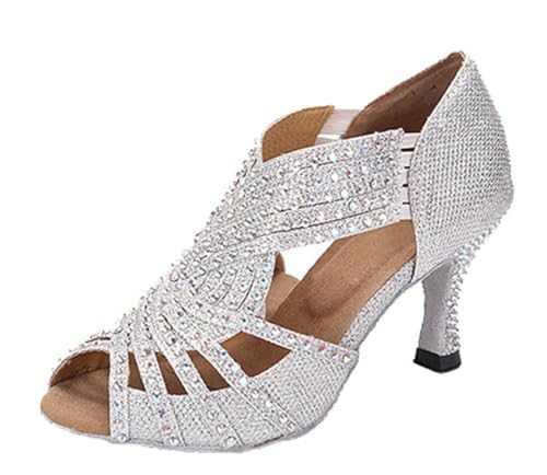 MGM-Joymod Damen Peep Toe Sparkle Strass Tango Ballsaal Latin Modern Tanzschuhe Abend Hochzeit Sandalen,YW012 Silber 7.5cm : EU 36 von MGM-Joymod