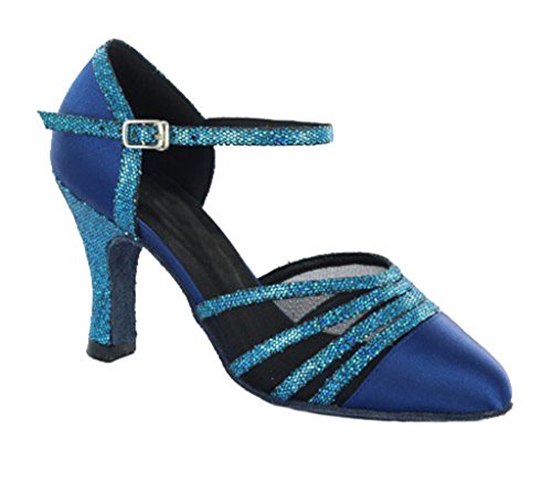 MGM-Joymod Damen Single Starp Mesh ausgestellter Absatz Strass Satin Colsed Toe Tango Salsa Ballsaal Latin Modern Tanzschuhe Abend Hochzeit Sandalen, Blau - Style2 Dunkelblau 8 cm Absatz - Größe: 40 von MGM-Joymod