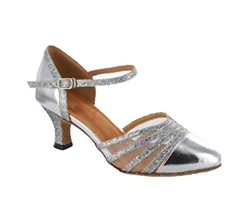 MGM-Joymod Damen Single Starp Mesh ausgestellter Absatz Strass Satin Colsed Toe Tango Salsa Ballsaal Latin Modern Tanzschuhe Abend Hochzeit Sandalen, Style3 Pu Silber 6 cm Absatz, 36.5 EU von MGM-Joymod