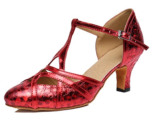 MGM-Joymod Damen T-Starp Geschlossene Zehenpartie Glitzer Synthetik Abend Hochzeit Tango Ballsaal Modern Latin Tanzschuhe, Blumenmuster Rot 6 cm Absatz,34.5 EU von MGM-Joymod