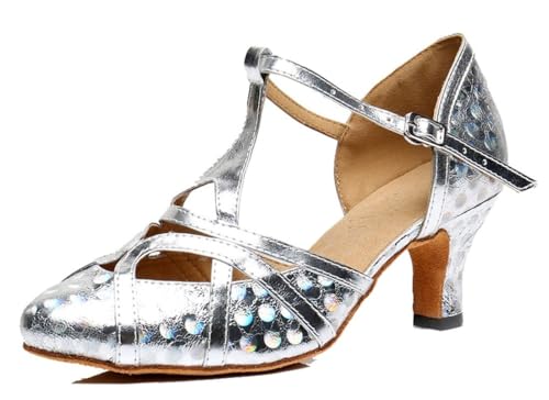 MGM-Joymod Damen T-Starp Geschlossene Zehenpartie Glitzer Synthetik Abend Hochzeit Tango Ballsaal Modern Latin Tanzschuhe, Blumiger silberfarbener Absatz 6cm,39.5 EU von MGM-Joymod