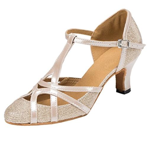 MGM-Joymod Damen T-Starp Geschlossene Zehenpartie Glitzer Synthetik Abend Hochzeit Tango Ballsaal Modern Latin Tanzschuhe, Champagnerabsatz 6 cm, 35.5 EU von MGM-Joymod