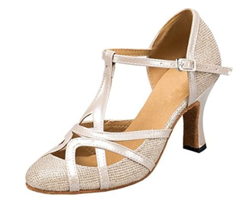 MGM-Joymod Damen T-Starp Geschlossene Zehenpartie Glitzer Synthetik Abend Hochzeit Tango Ballsaal Modern Latin Tanzschuhe, Champagnerfarbener Absatz 8 cm,38 EU von MGM-Joymod