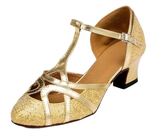MGM-Joymod Damen T-Starp Geschlossene Zehenpartie Glitzer Synthetik Abend Hochzeit Tango Ballsaal Modern Latin Tanzschuhe, Glitzer Gold 5cm Absatz,39.5 EU von MGM-Joymod