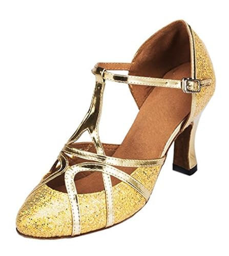 MGM-Joymod Damen T-Starp Geschlossene Zehenpartie Glitzer Synthetik Abend Hochzeit Tango Ballsaal Modern Latin Tanzschuhe, Glitzer-goldfarbener Absatz 8 cm,38.5 EU von MGM-Joymod