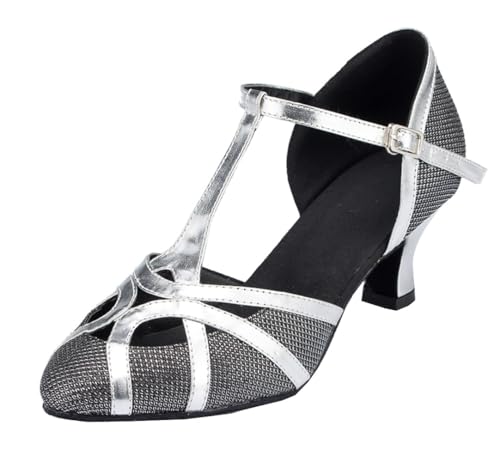MGM-Joymod Damen T-Starp Geschlossene Zehenpartie Glitzer Synthetik Abend Hochzeit Tango Ballsaal Modern Latin Tanzschuhe, Schwarzer 6 cm Absatz,37.5 EU von MGM-Joymod