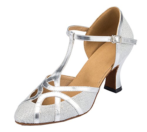 MGM-Joymod Damen T-Starp Geschlossene Zehenpartie Glitzer Synthetik Abend Hochzeit Tango Ballsaal Modern Latin Tanzschuhe, Silberfarbener Absatz 7 cm,38 EU von MGM-Joymod