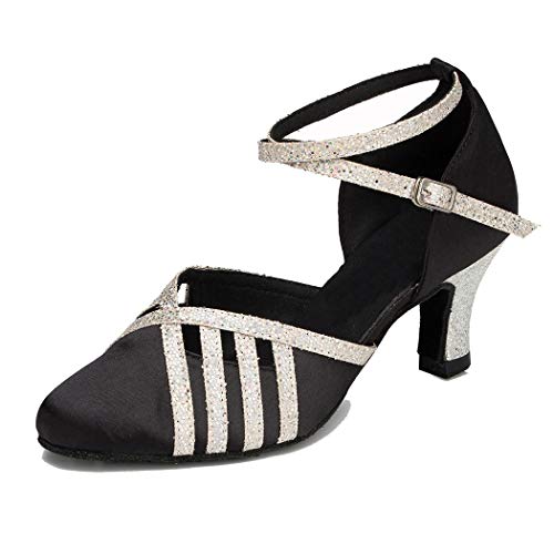 MGM-Joymod Damen-Tanzschuhe, runder Zehenbereich, Satin, Glitzer, mittelhoher Absatz, Sozial, Ballsaal, Lateinamerikanische Tanzschuhe, Schwarz - Schwarzer 6 cm Absatz - Größe: 38.5 EU von MGM-Joymod